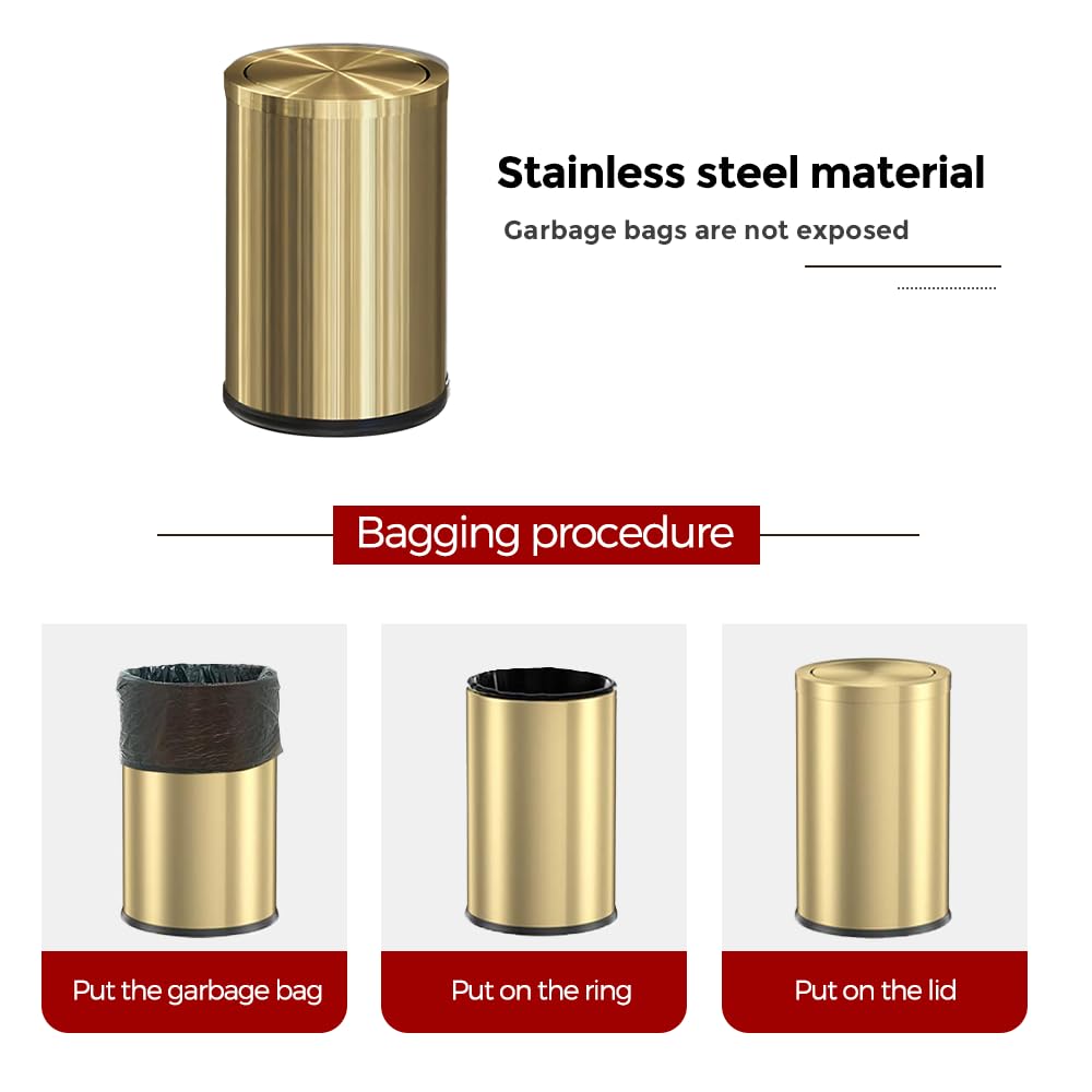 Small Trash Can with Flipping Lid,Gold Bathroom Garbage can with lid,2.4gallon,Brass Trash can for Bathroom,Laundry,Hotel,Office, Laundry Room ,Metallic Gold (Single)