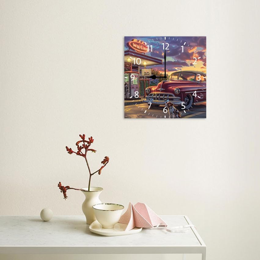 10 in Old Fashioned Gas Station Car -294 Wood Wall Clock – Digital Time Display, Smart Home Compatible for Bedside or Workspace