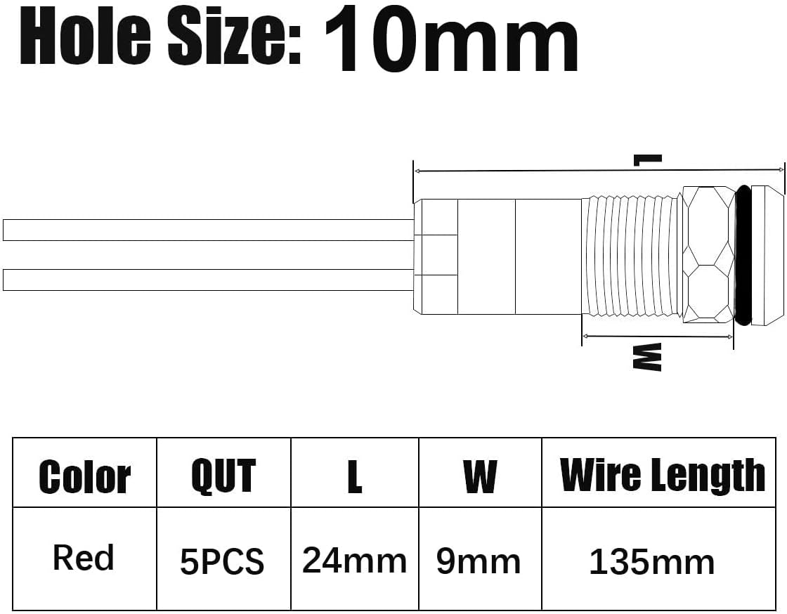 5pcs 10mm LED Metal Indicator Light AC/DC 12-24V Waterproof Signal Lamp Pilot Dash Directional with Wire(Red)