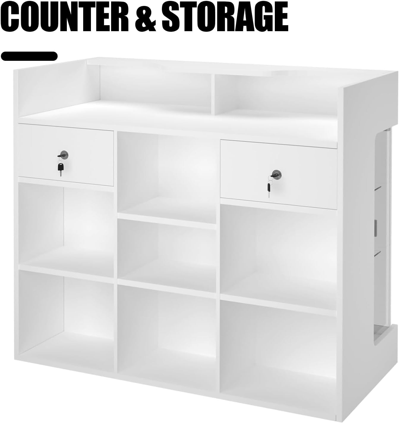 48" W x 22" D x 42" H - Retail Sales Counter with Adjustable Glass Shelves, Tempered Glass,White Laminated Particle Board, Locking Drawers