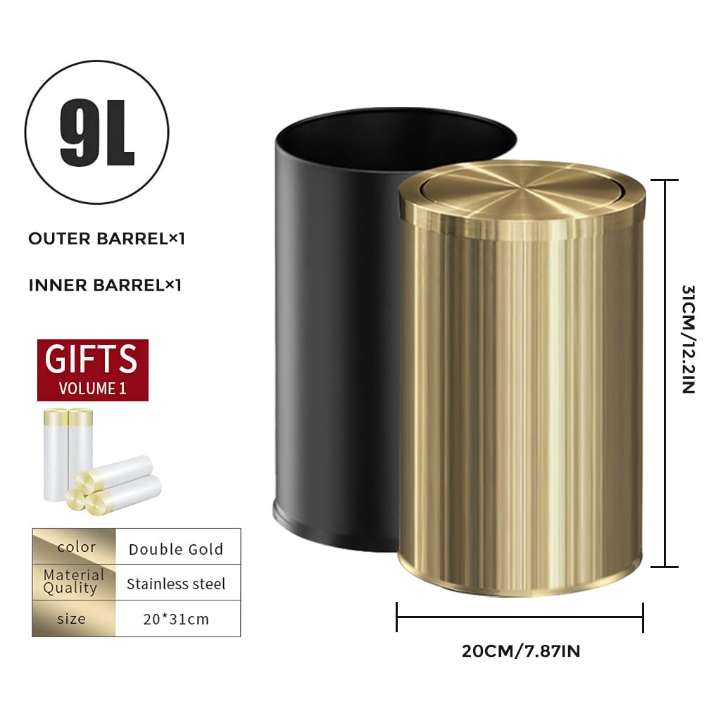 9 Liter/2.4 Gallon, Gold Trash can with Swing lid, Brass Small Trash can, Gold Trash Bin with Lid for Office, Living Room,Bathroom,Restaurant Bathroom