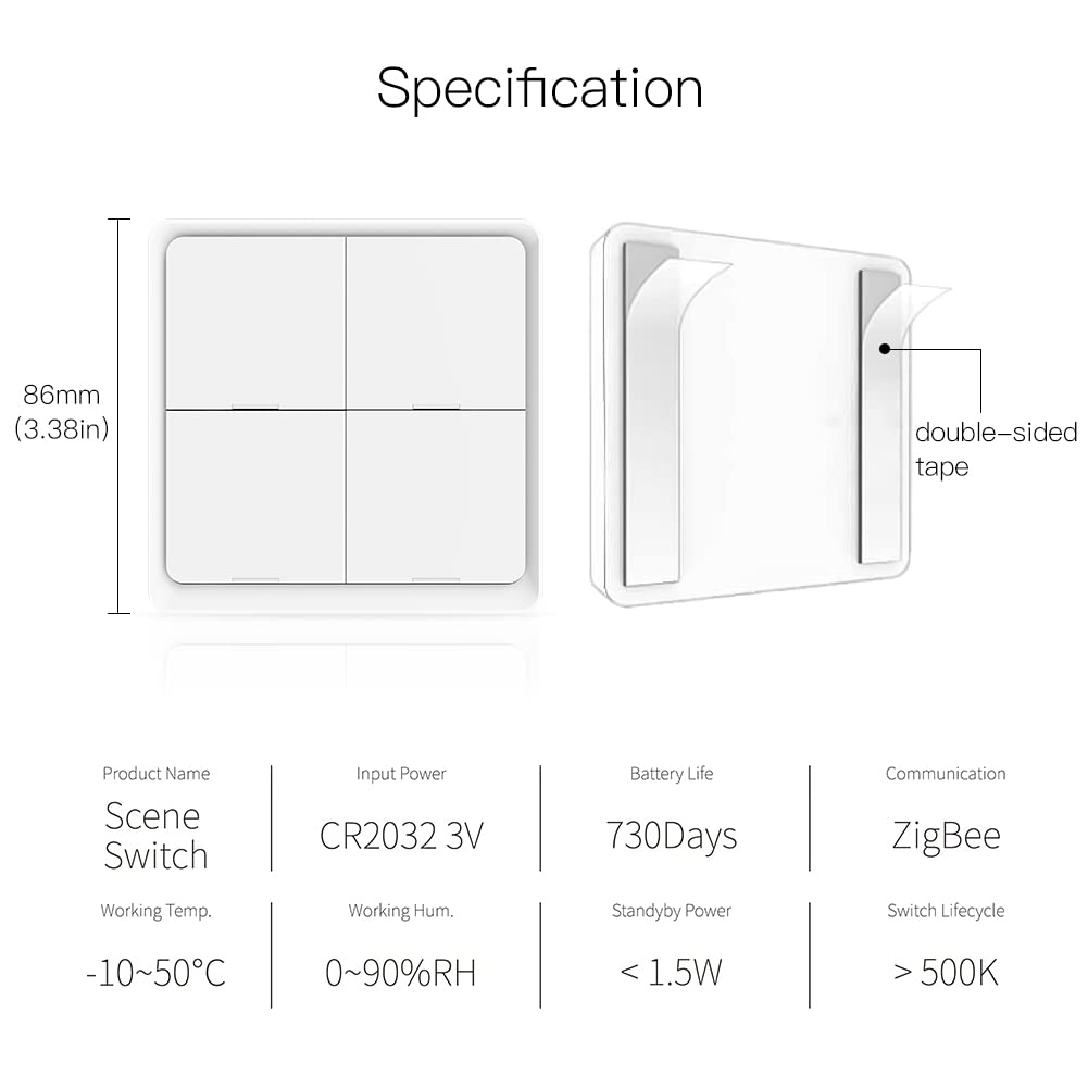 MOES Wireless Smart Scene Switch Button, Require MOES HUB, Zigbee Connection Tuya Battery Powered Included 12 Scene Controller Light Switch for Smart Home Automation 4 Gang White