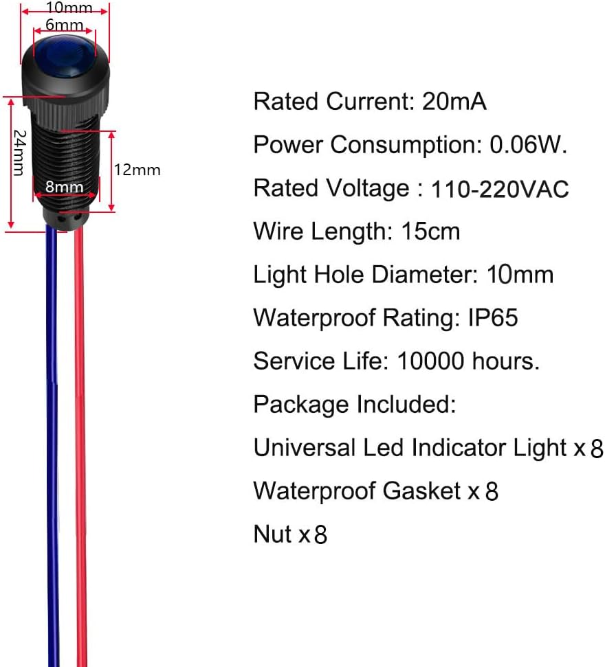 8pcs Blue LED Indicator Pilot Light 110VAC Mounting Hole Size 8mm(Flame Retardant Plastic Shell)