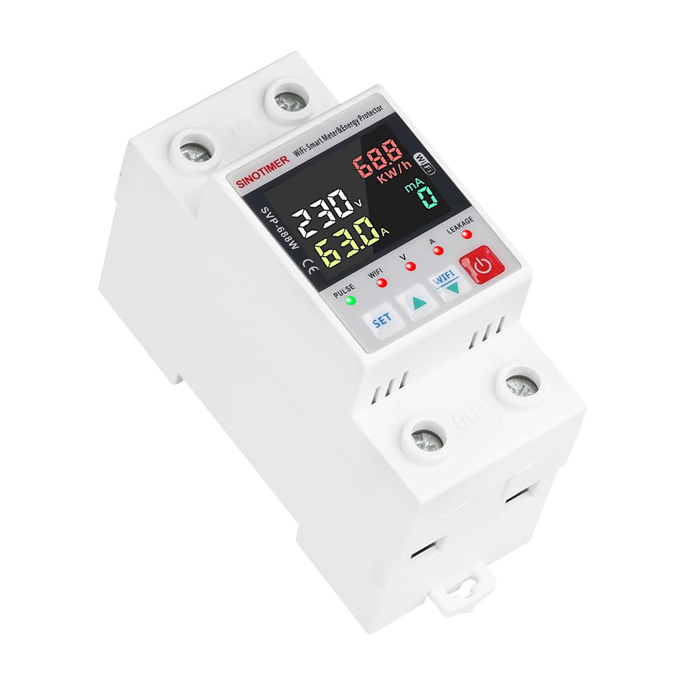 Colorful LED SVP688W WiFi Smart Energy Meter AC 63A 80-300V WiFi Earth Leakage Over Under Voltage Protector Circuit Breaker Din Rail Electricity Energy Monitor APP Remote Control Smart Life 230V