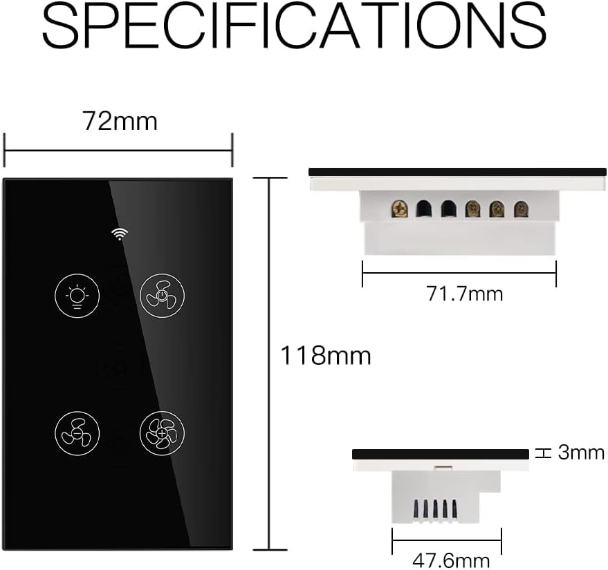 MOES WiFi Smart Ceiling Fan Light Wall Switch, Smart Life/Tuya APP Remote Timer and Counterdown, Compatible with Alexa and Google Home, Black No Hub Required
