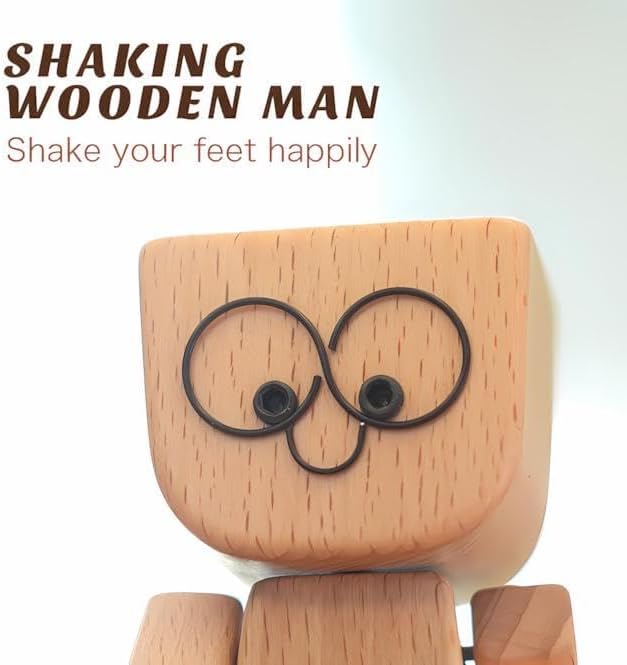 Shaking Wooden Man Doll with 12 Magnetic Changeable Faces - Handmade Shaking Wooden Man Figurine for Car Dashboard, Desk, Office Decor