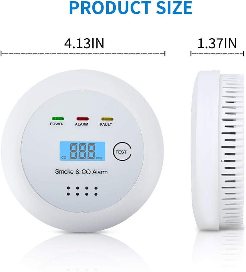 2 in1 Smoke Detector Carbon Monoxide Detector Combo,with LCD Digital Display and Sound Warning Test Button,Battery Powered,Easy Installation, for Home, Bedroom, Kitchen (1PACK)