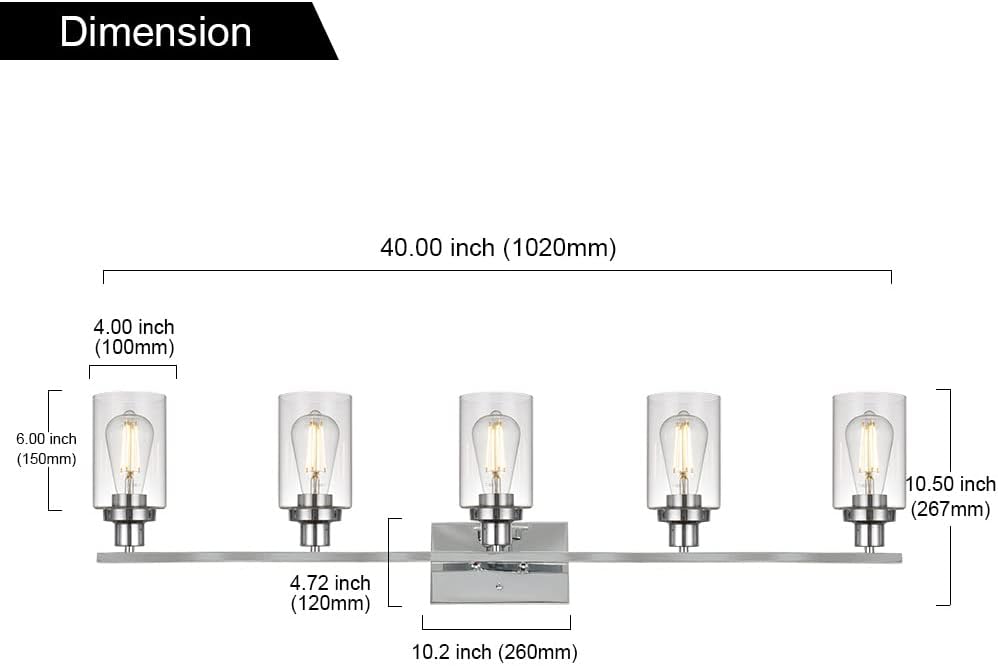 MELUCEE Modern Vanity Lights for Bathroom 5 Lights Chrome Finish with Clear Glass Shade, Contemporary Metal Wall Light Fixtures for Dressing Table Mirror Cabinets (Patent No.: US D963914 S)