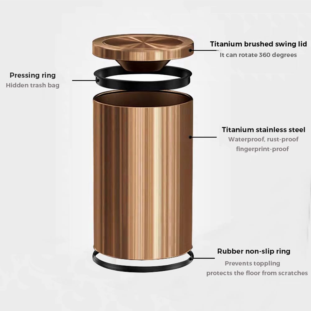 Antique Brass Bathroom Trash can with lid,Stainless Steel,Small Grabage Can with Flipping Lid, 9L/2.4Gal for Living Room,Bedroom,Guest Room,Hotel (Rose Gold)