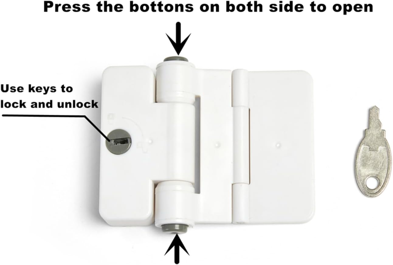 Refrigerator Adhesive Locks Double Button Fridge Door Lock with Key, Child Proof Freezer Cooler Door Lock, Child Baby Safety File Drawer Lock and Cabinet Locks (White, 1)