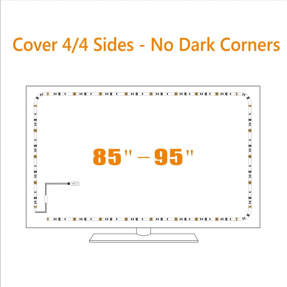 LED Strip Lights for 85-95 inches TV-USB Powered TV Backlight Lights Kit with RF Remote Cover All 4/4 Sides Behind TV Lights Movies Game Decor Mood Lighting