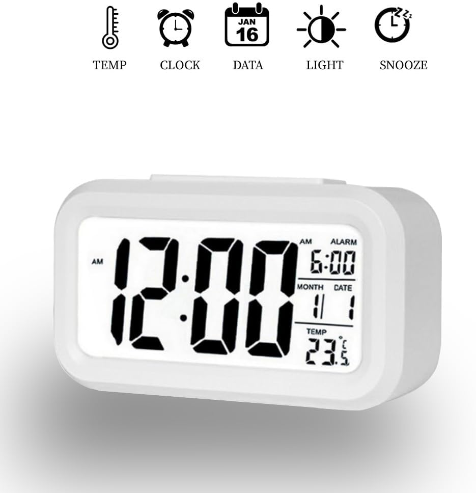 Digital Alarm Clock with LCD Display, Desk Smart Electronic Small Clock with Indoor Temperature, Date, Light Sensor, Backlight, Battery Operated, for Home Bedroom Kids Office (White)