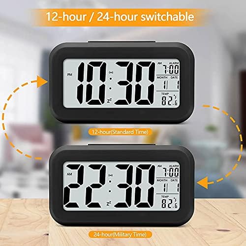 Digital Alarm Clock with LCD Display, Desk Smart Electronic Small Clock with Indoor Temperature, Date, Light Sensor, Backlight, Battery Operated, for Home Bedroom Kids Office (Black)
