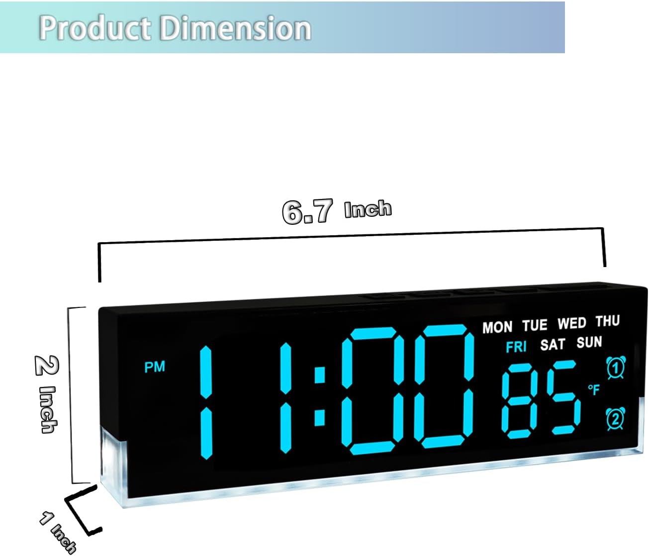 zyzamay 7 Inch Modern LED Digital Alarm Clock with Dual Alarms & Soft Bottom Light|Displays Time, Date, Day, Temperature|3-Level Auto/Manual Brightness, DST, USB or Battery Powered Desk Clock,Blue