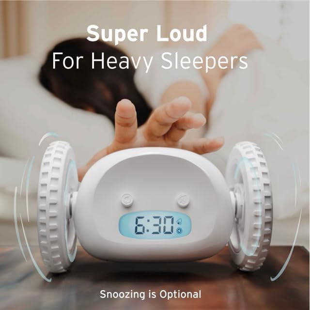 CLOCKY Alarm Clock on Wheels – Loud Rolling Alarm Clock for Heavy Sleepers | Runaway Clock That Jumps & Runs to Wake You Up | Funny Unique Gift for Adults & Teens (White)