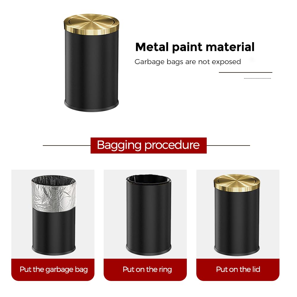 9L/2.4GAL Black Bathroom Trash Can,Gold Small Trash Can with Lid,Garbage cans for Bathroom, Hotel,Office,Lundry,Powder Room 【Perfect Christmas Gift Idea】 (BLACK)