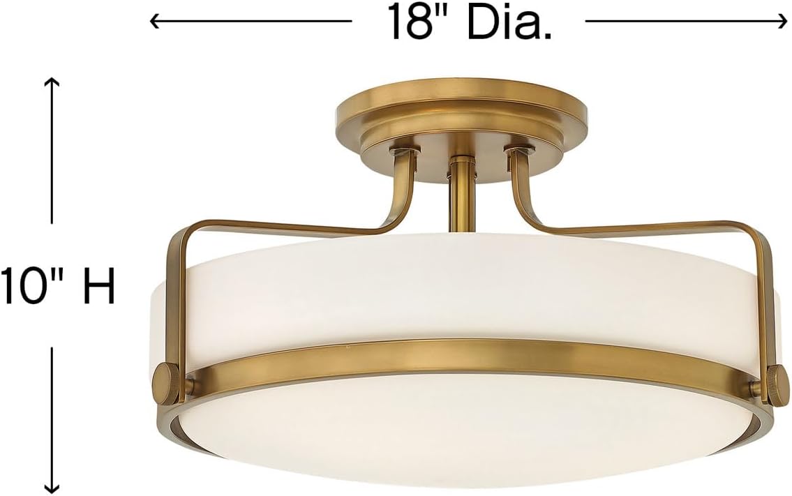 Hinkley Harper Medium Semi-Flush Mount Ceiling Light - Sleek, Retro Style, Etched Opal Glass - Heritage Brass Finish