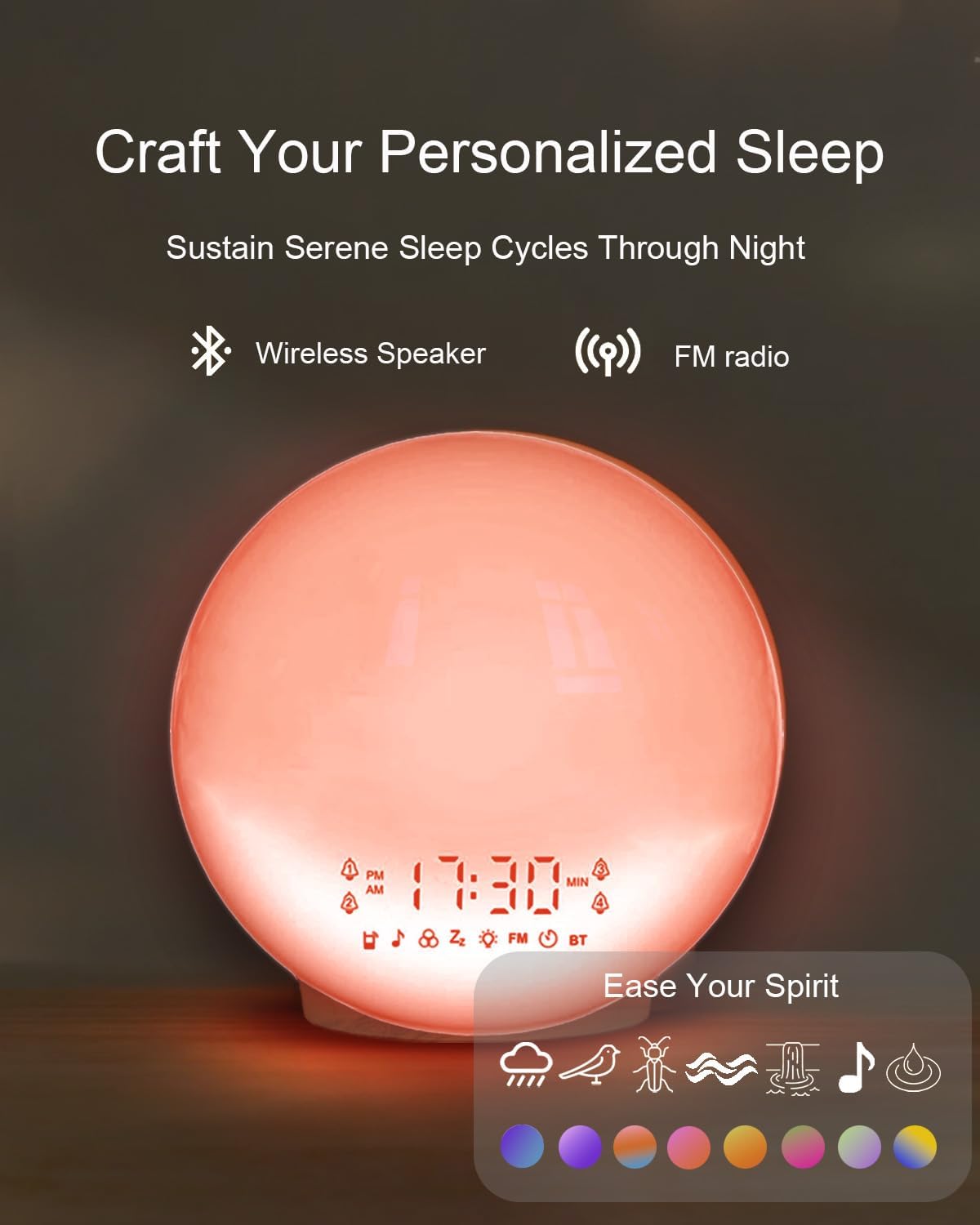 Smart APP Sunrise Alarm Clock with 4 Alarms & Natural Sounds for Heavy Sleepers, App No Signup, Wake Up Light, 11 Night Ligh, Sleep Aid 7 White Noise Machines & FM, Wireless Speaker (Wood Grain, 1PCS)