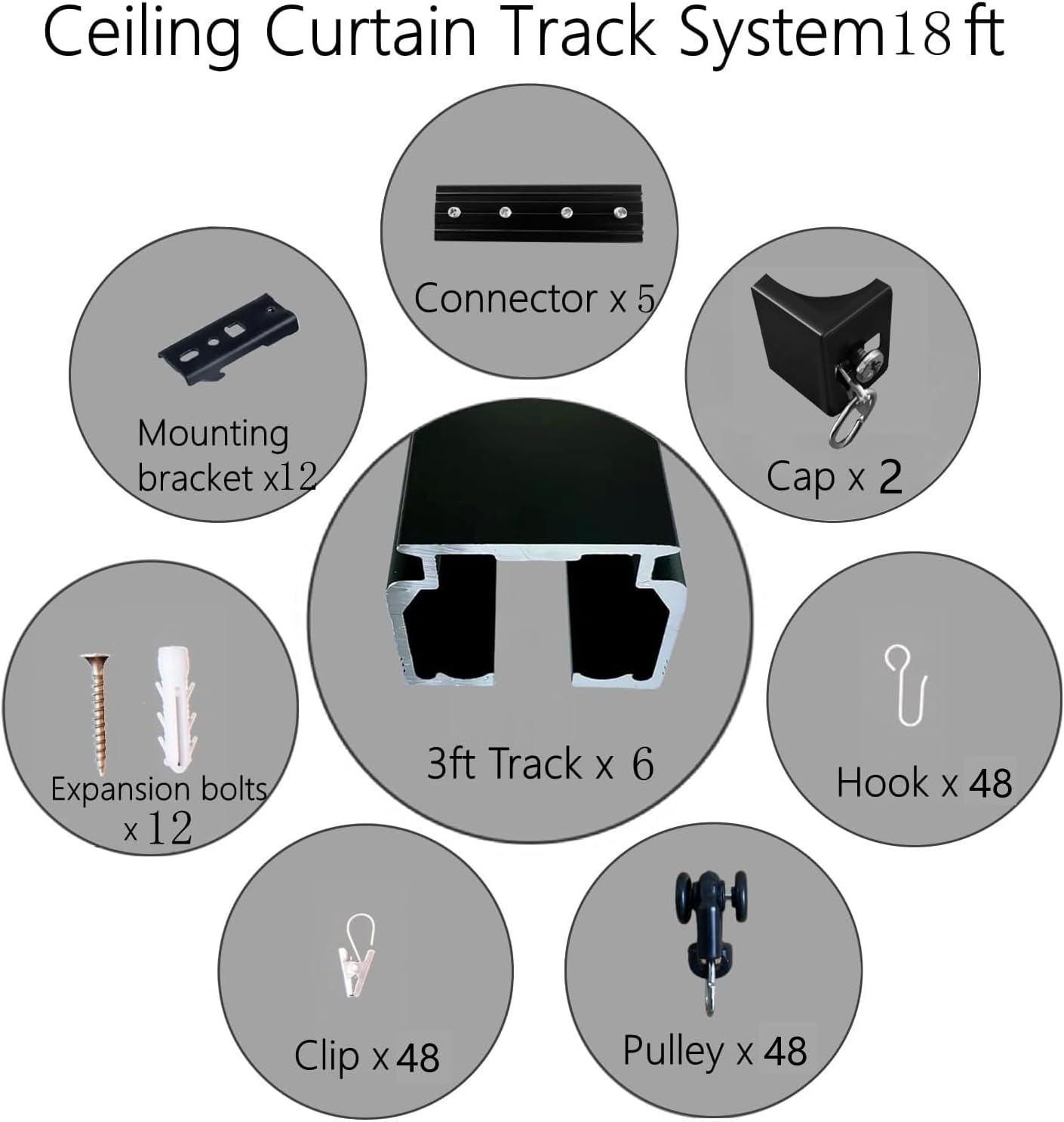 Ceiling Mount Curtains Track Room Divider Privacy Partition Separator Curtain Tracks Rods Heavy Duty RV Shower Outdoor Rail Clip Hook Set, Black 3-18ft