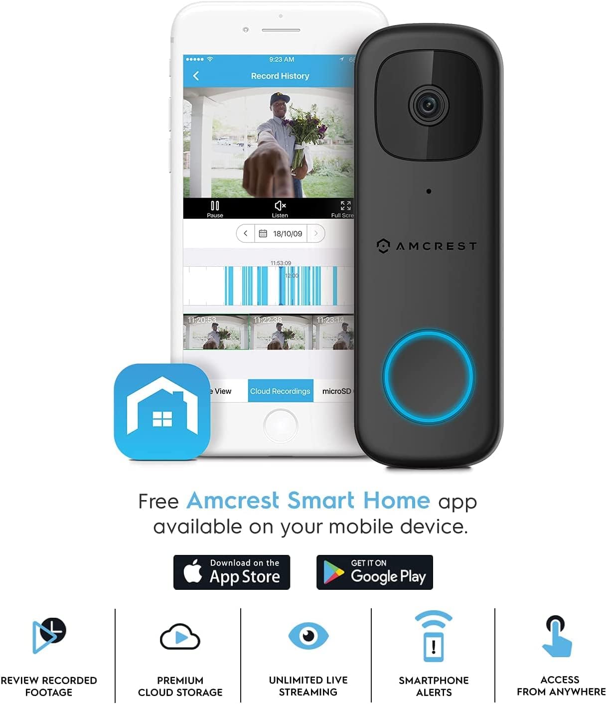 Amcrest 4MP Video Doorbell Camera Pro, Outdoor Smart Home 2.4GHz and 5GHz Wireless WiFi, Micro SD Card, AI Human Detection, IP65 Weatherproof, 2-Way Audio, 164º Wide-Angle Wi-Fi AD410