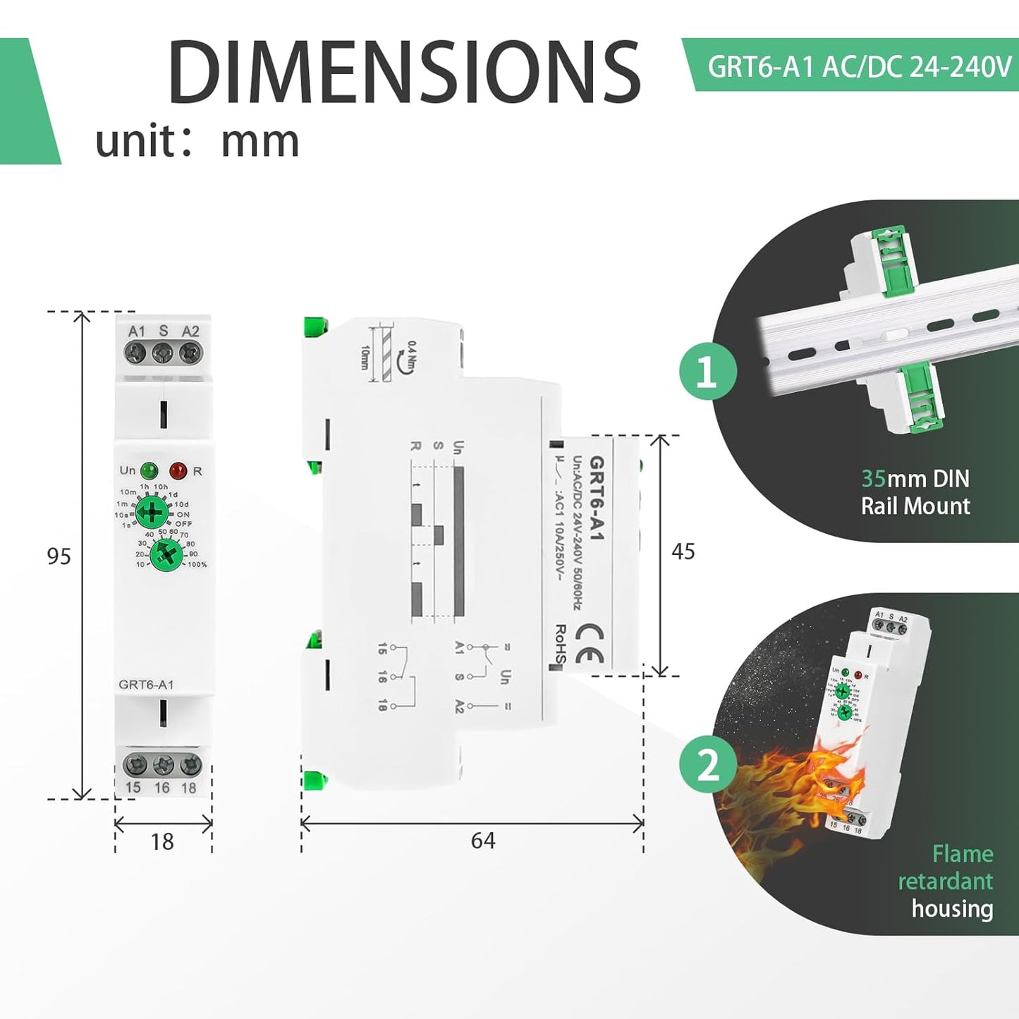 Delay On 10A Timer Relay, 24V Time Relay GRT6 A1 Voltage Range AC DC 24V to 240V DIN Rail Electronic Relays of Wide Time Delay Range for 0.1 Seconds to 10 Days