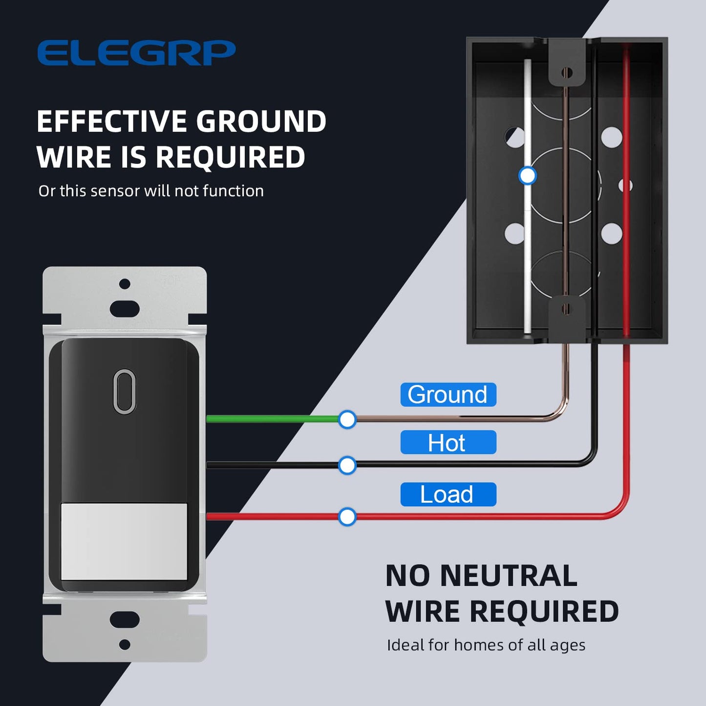 ELEGRP Occupancy Motion Sensor Light Switch, PIR Infrared Motion Activated Wall Switch, No Neutral Wire, Single Pole for CFL/LED/Incandescent Bulb, Wall Plate Included, UL Listed (2 Pack, Matte Black)
