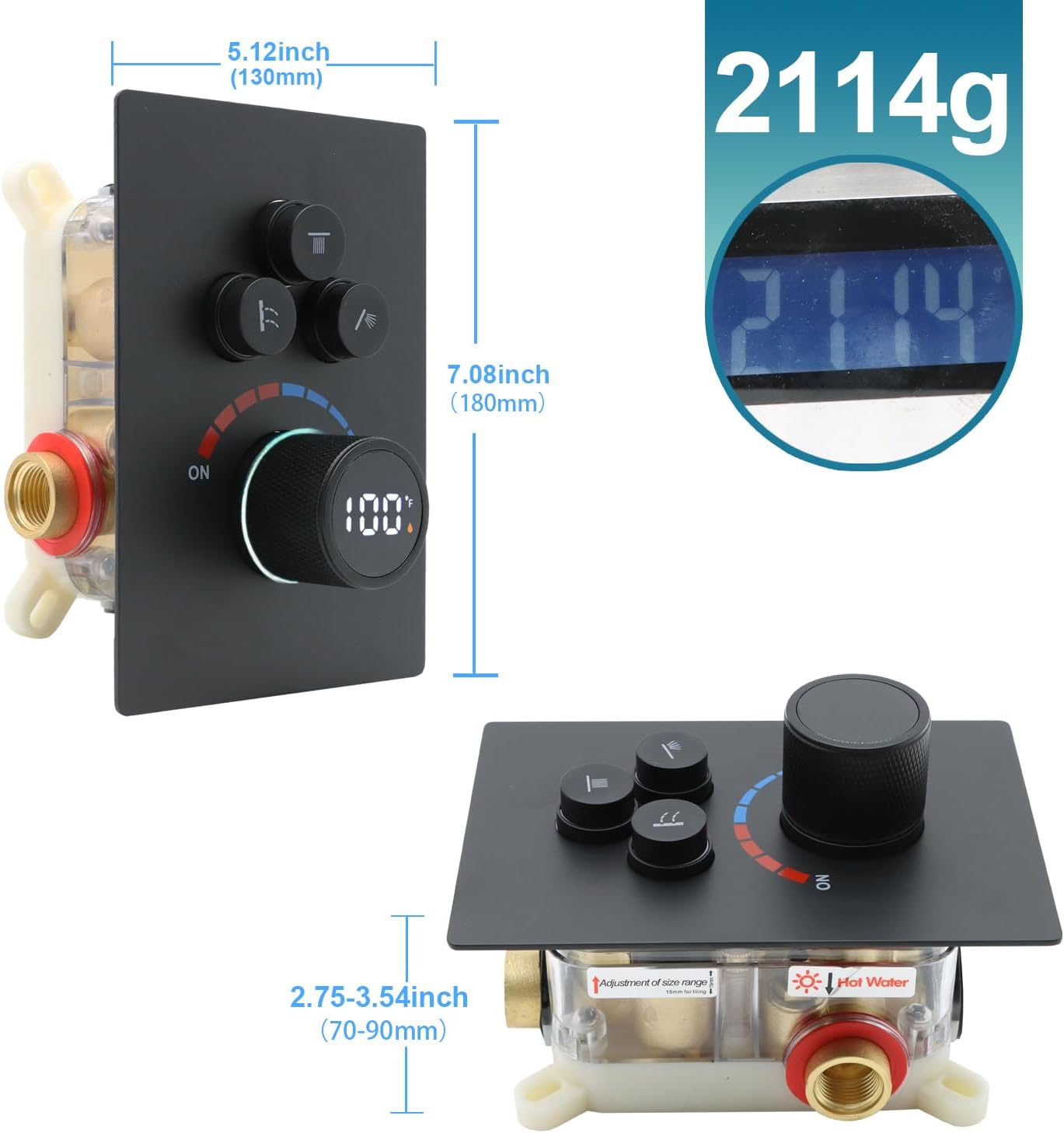Solid Brass Shower Mixer Valve, Concealed 3 Way Outlet LED Digital Display Diverter Valve, Can Use All Options at A Time Black