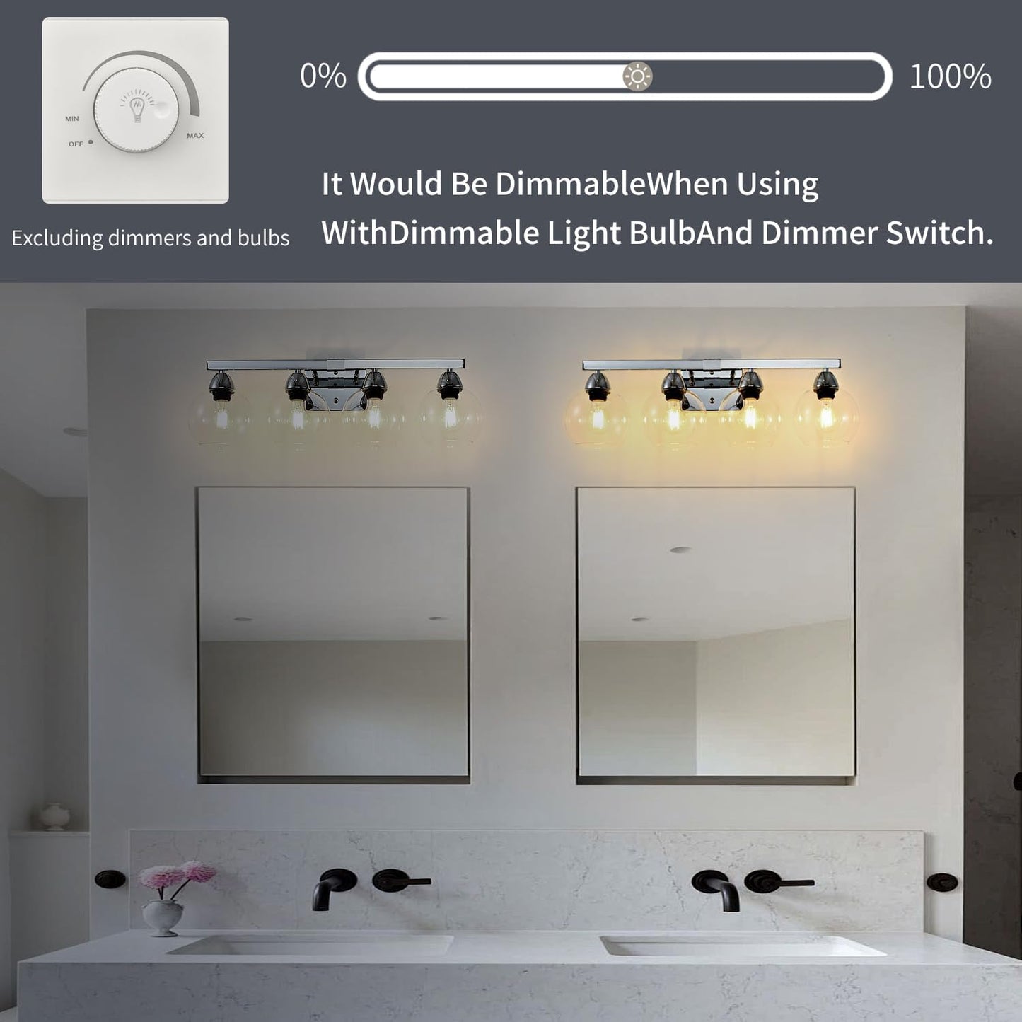 4-Light Bathroom Vanity Light, Silver Wall Sconce with Premium Hand-Crafted Glass, Shatter-Resistant & Enhanced Clarity, Perfect for Mirror, Living Room, Hallway