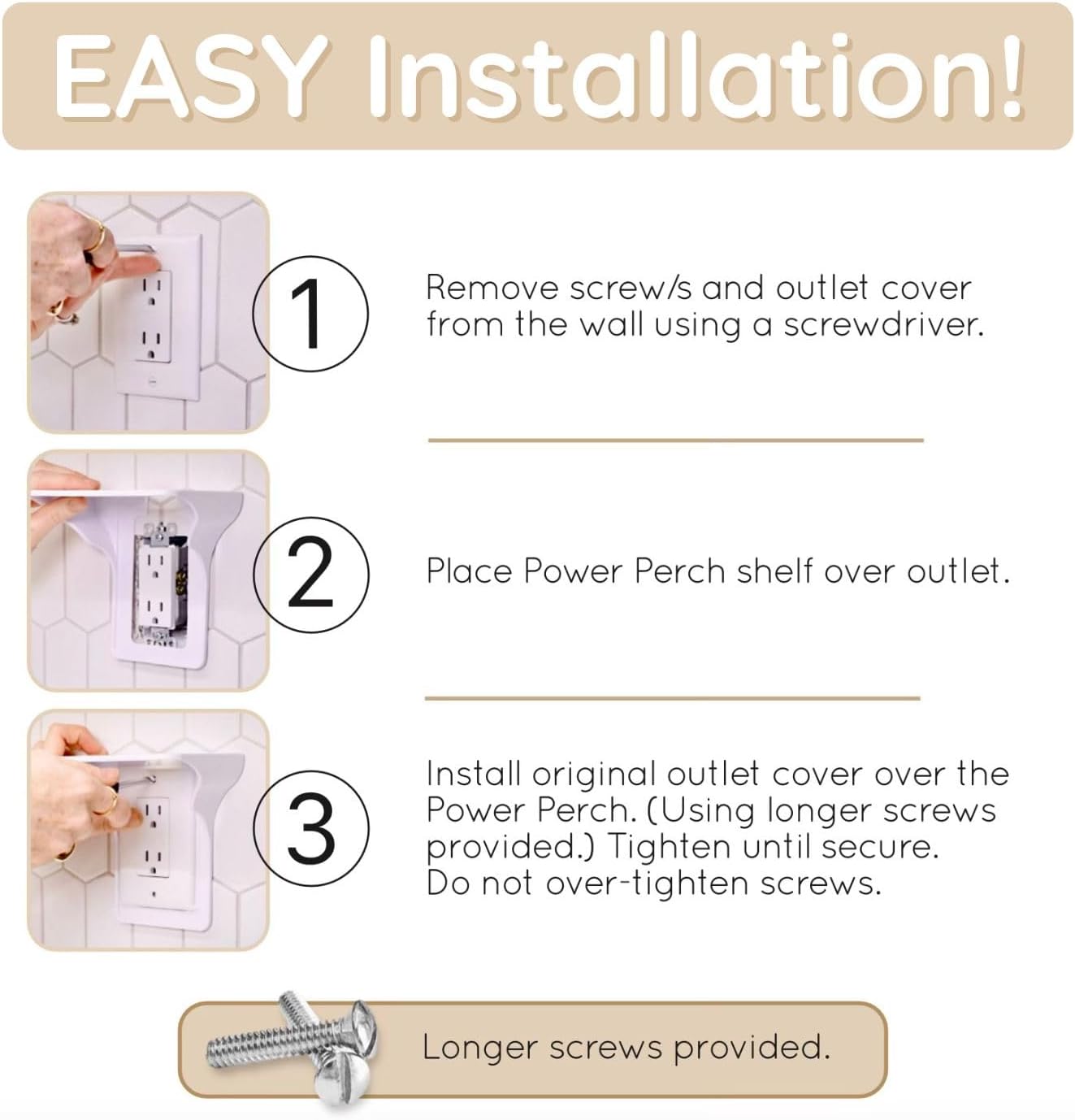 BeraTek Power Perch Wall Outlet Shelf | Declutter & Reclaim Counter Space | Bedroom & Bathroom Organizing Shelves | Alexa Echo Dot Holder, Router Shelf, Holds Electric Toothbrush | Almond, 2-Pack