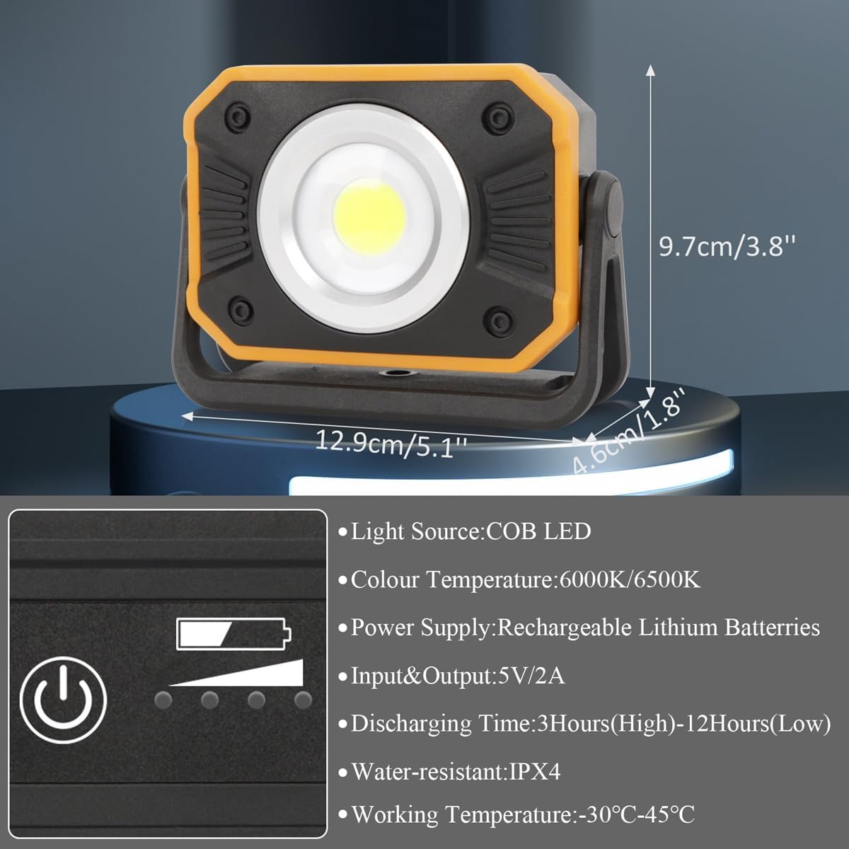 Sunzone Rechargeable LED Work Light,Portable Flood Light with Magnetic Base,Super Bright Waterproof Job Site Lighting for Camping,Hiking,Car Inspection with Emergency Mode(2 Pack)