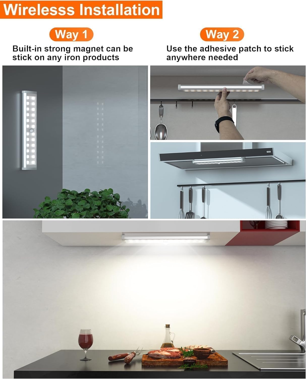 Diomart Under Cabinet Lighting Wireless, RGB Rechargeable Motion Sensor Light Indoor Night Lights, 58 -LED Remote Control Under Counter Lightis for Kitchen, Wardrobe, Hallway, Stairs, Desk(4 Pack)