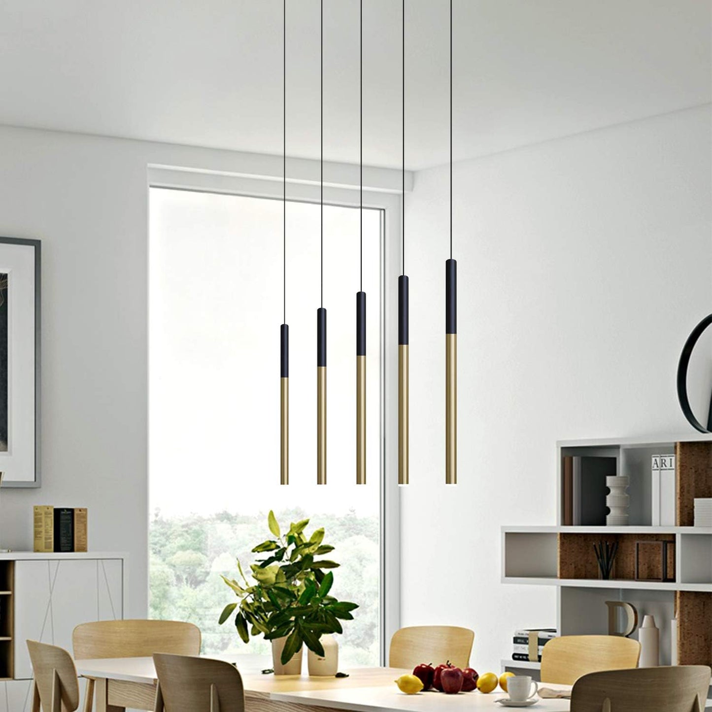 ALTAIR 5 Mini Pendant Lighting Black-Brass - LED Hanging Light Fixture for Kitchen Island, Bar, Foyer - Cluster Pendants - Dimmable, Adjustable Wire, Lamp Bulb Included