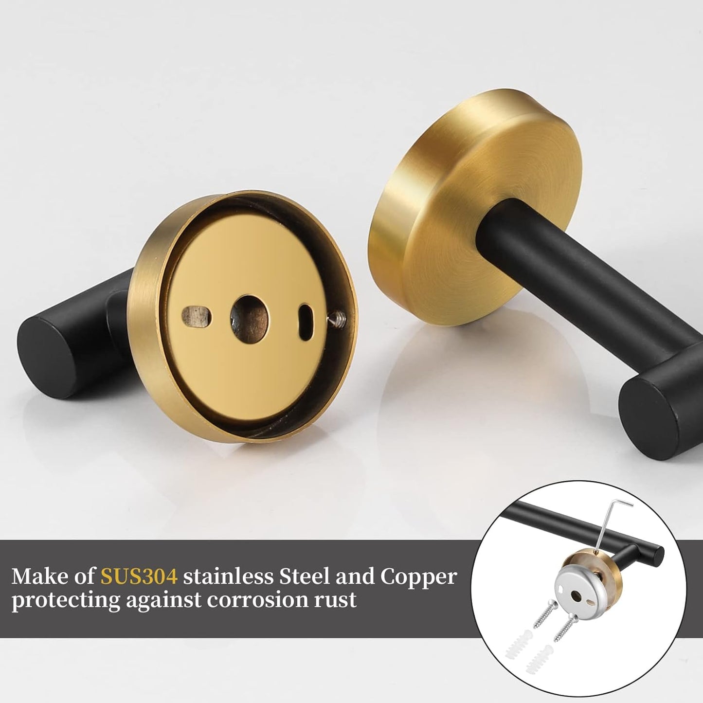 Bathroom Hardware Set Black and Gold,Towel Bar Set Including 2pcs 16inch Towel Bars, 2pcs Toilet Paper Holders, 2pcs Towel Rings and 4pcs Robe Towel Hooks