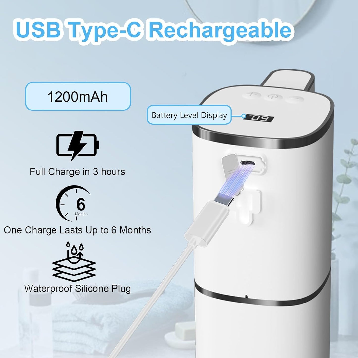 Automatic Foaming Soap Dispenser Touchless, USB Rechargeable Smart Hand Soap Dispenser, 9-Level Adjustable, Physical Button Operation, 13.5oz/400mL Wall Mounted for Bathroom Kitchen Dish Soap
