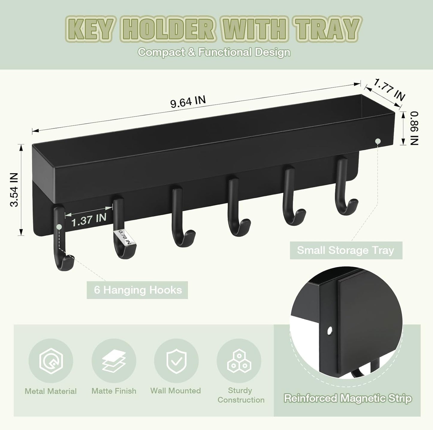 VIS'V Magnetic Key Holder Wall Mount, Compact Metal Key Rack with Tray, 6 Hooks, 2 Mount Options, Black