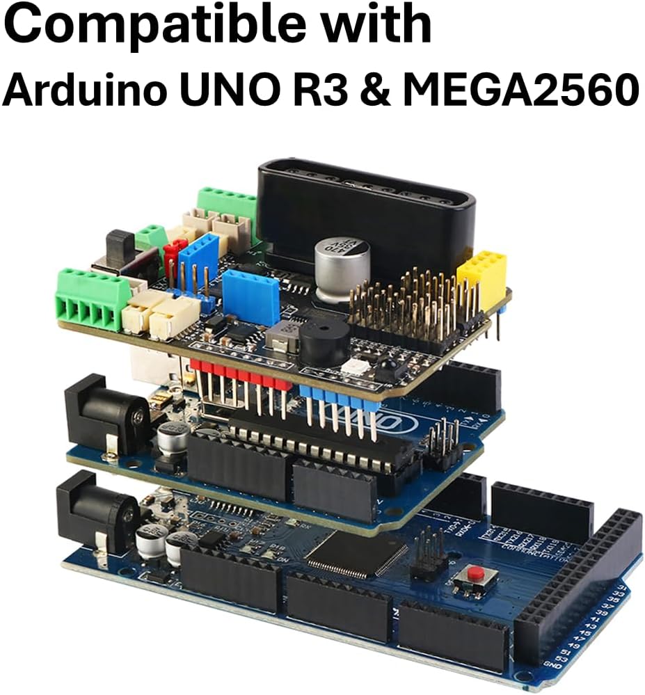 Motor Driver Board for Arduino, 4 DC/Encoder Motors, 2 Stepper Motors, 8 Servo Motors, PCA9685 Expansion Shield with PS2 Interface, Compatbile with UNO R3, Mega2560