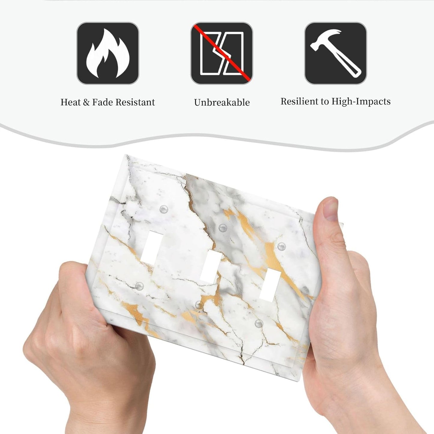 Decorative Switch Plates Marbling Style White Background Gold Gray Stripes 3 Gang Wall Plate Triple Toggle Light Switch Cover Faceplate Electrical Wall Panels For Bathroom Kitchen Decor