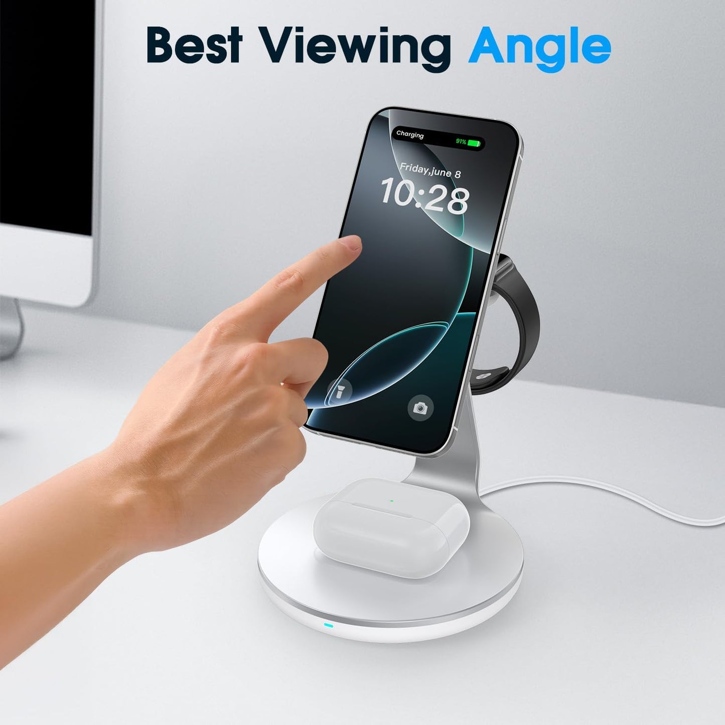 3-in-1 Charging Station Compatible with MagSafe for iPhone 17/16/15/14/13/12, Wireless Charger Stand for Apple Watch Series 11–2/SE/Ultra for AirPods Pro/4/3/2 Fast Charger with 18W Adapter