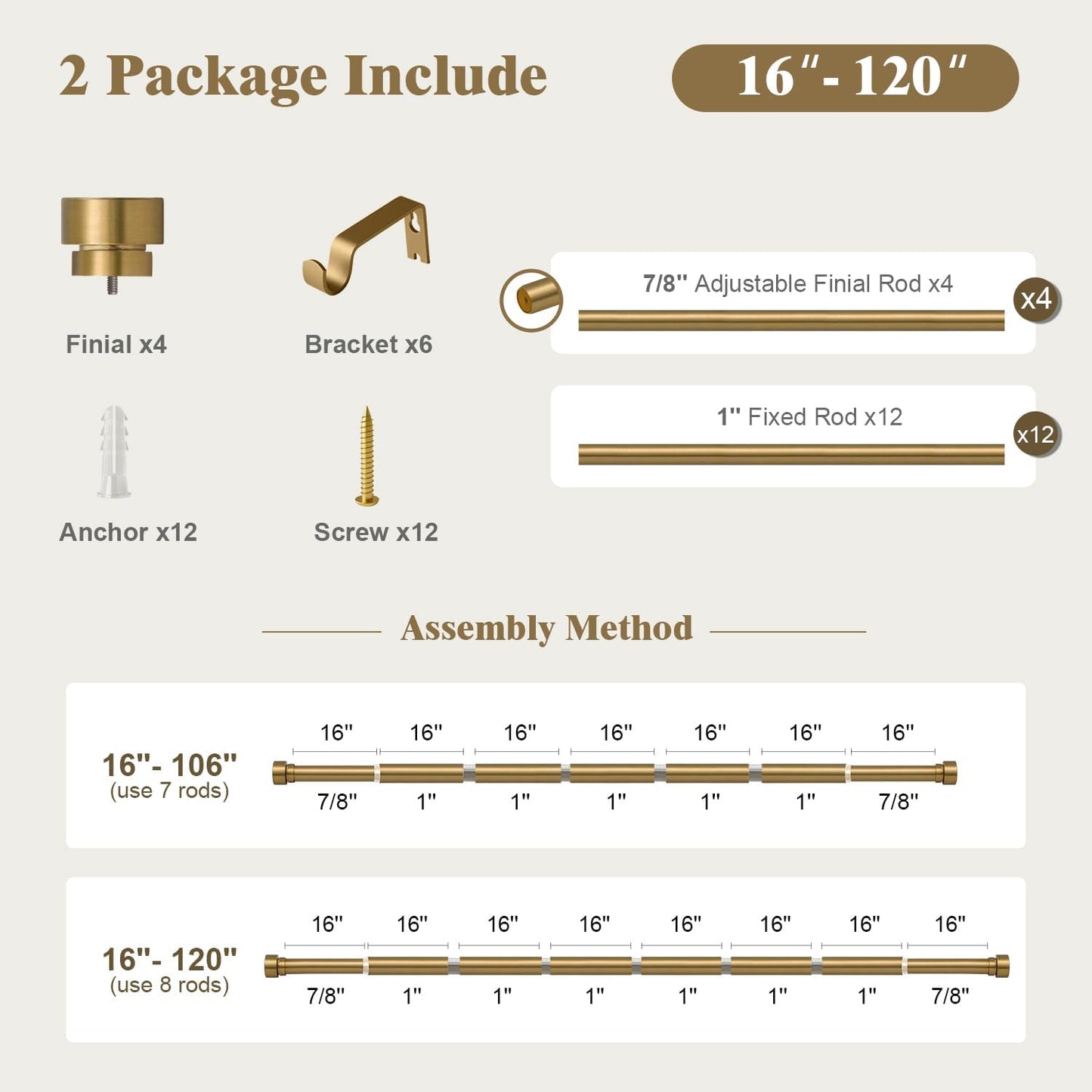 Oneach 2-Pack Heavy Duty Curtain Rods for Windows 66 to 120 Inch, 1 Inch Pole Adjustable Curtain Rod Set with Easy Installation and Modern Design (Antique Gold, 16 to 120 Inch)