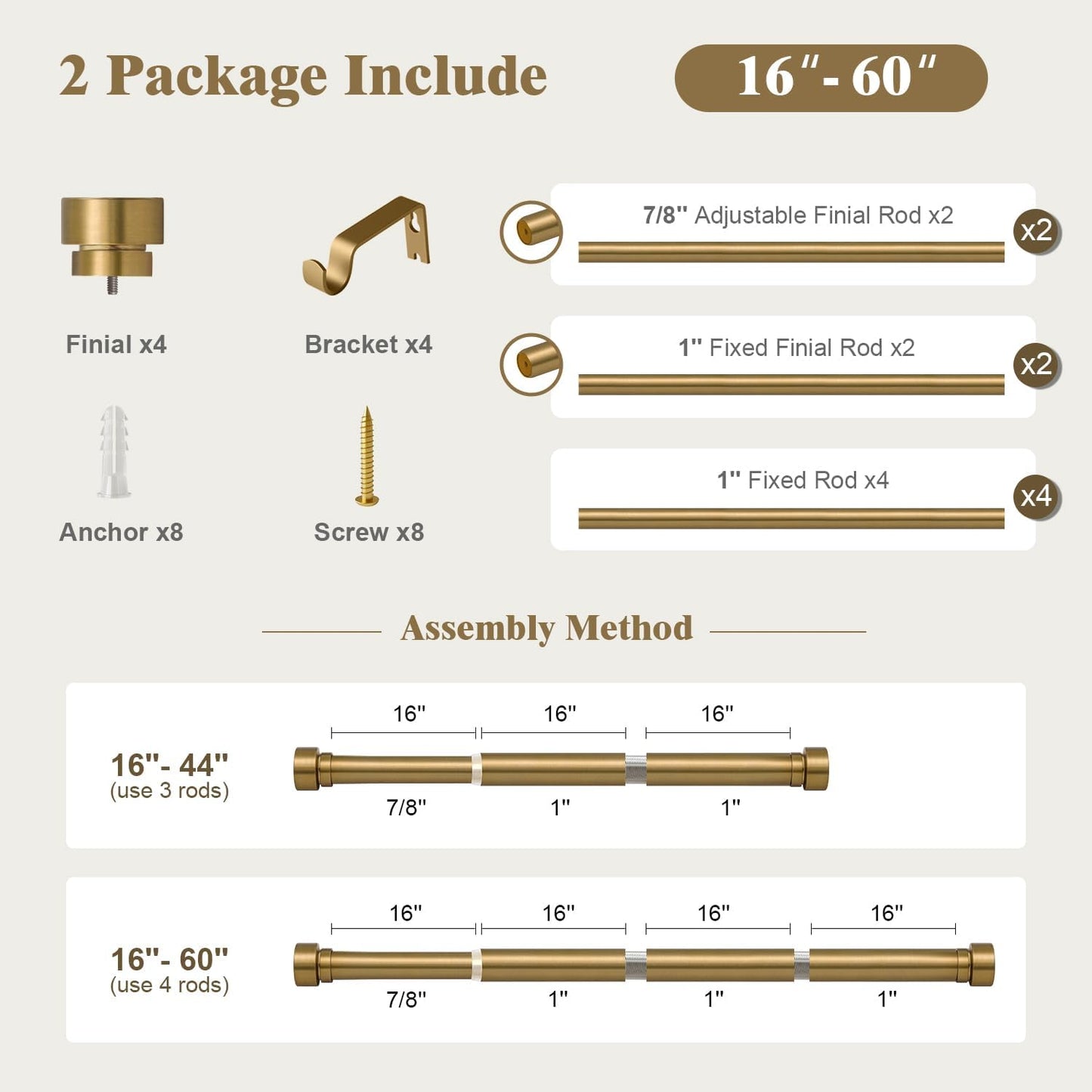 Oneach 2-Pack Heavy Duty Curtain Rods for Windows 28 to 48 Inch, 1 Inch Pole Adjustable Curtain Rod Set with Easy Installation and Modern Design (Antique Gold, 16 to 60 Inch)