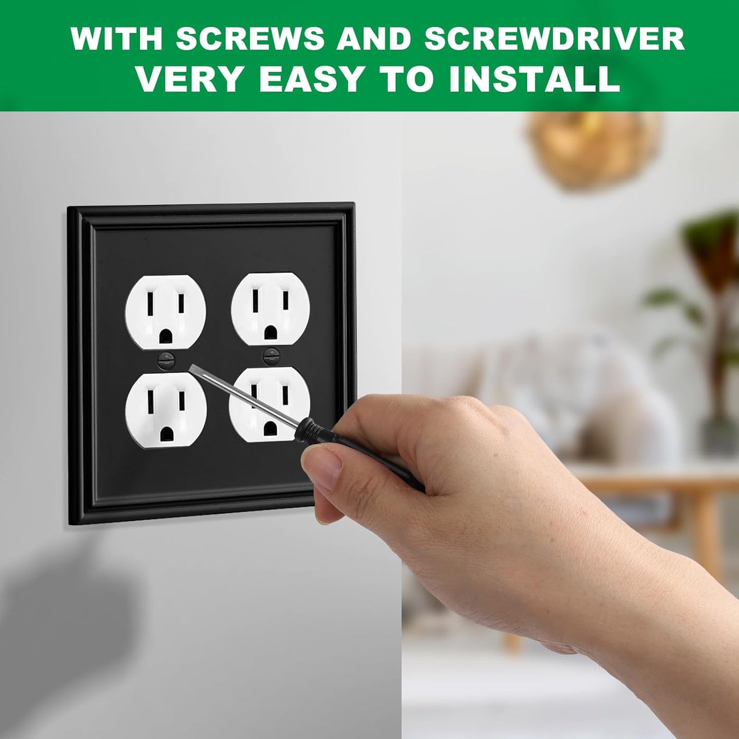 Black Modern Decorative Wall Plate Light Switch Cover Decorator Outlet Covers Rocker Switch Plates Bamboo Fiber Material Wall Plates for Kitchen Bathroom (2 Gang Duplex-2 Pack)