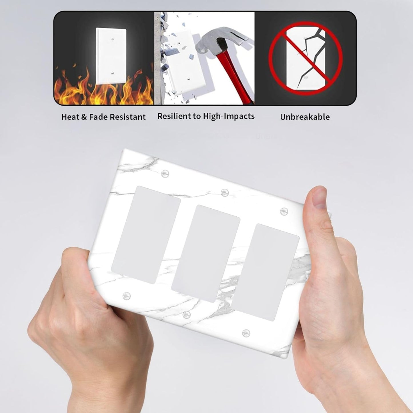 Light Switch Covers Modern White Gray Marble 3 Gang Rocker Electrical GFCI Decorative Triple Outlet Wall Plate Cover Switchplate for living Room Bathroom Decor