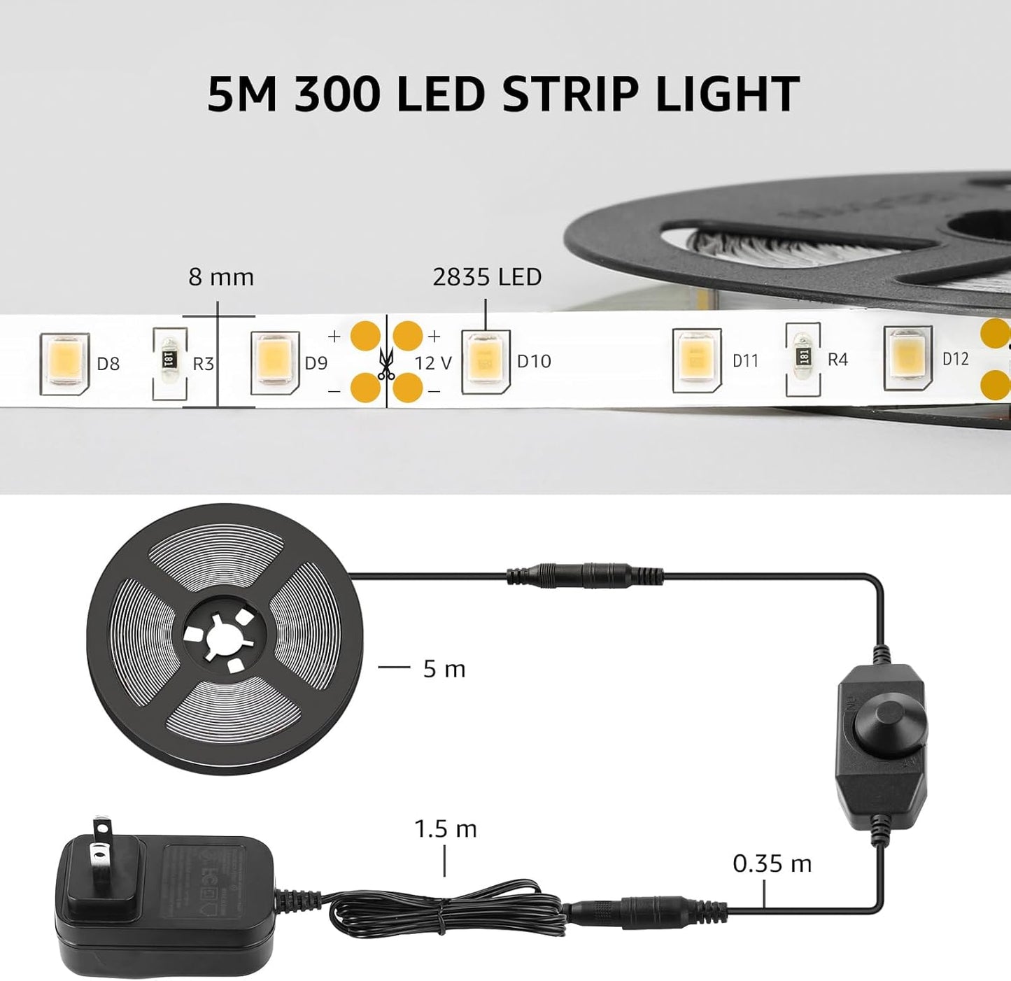 Lepro LED Strip Light White, 16.4ft Dimmable Vanity Lights, 6000K Super Bright LED Tape Lights, 300 LEDs 2835, Strong 3M Adhesive, Suitable for Home, Kitchen, Under Cabinet, Bedroom, Daylight White