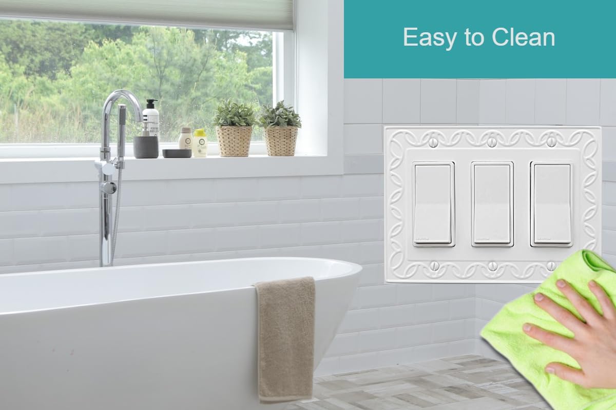 Triple Decorator Light Switch Cover NovaBloom Metal Wall Plate, 2-Pack White 3 Gang Triple Rocker, Receptacle Dimmer Switch Cover GFCI Outlet Decorative Wallplate, Durable