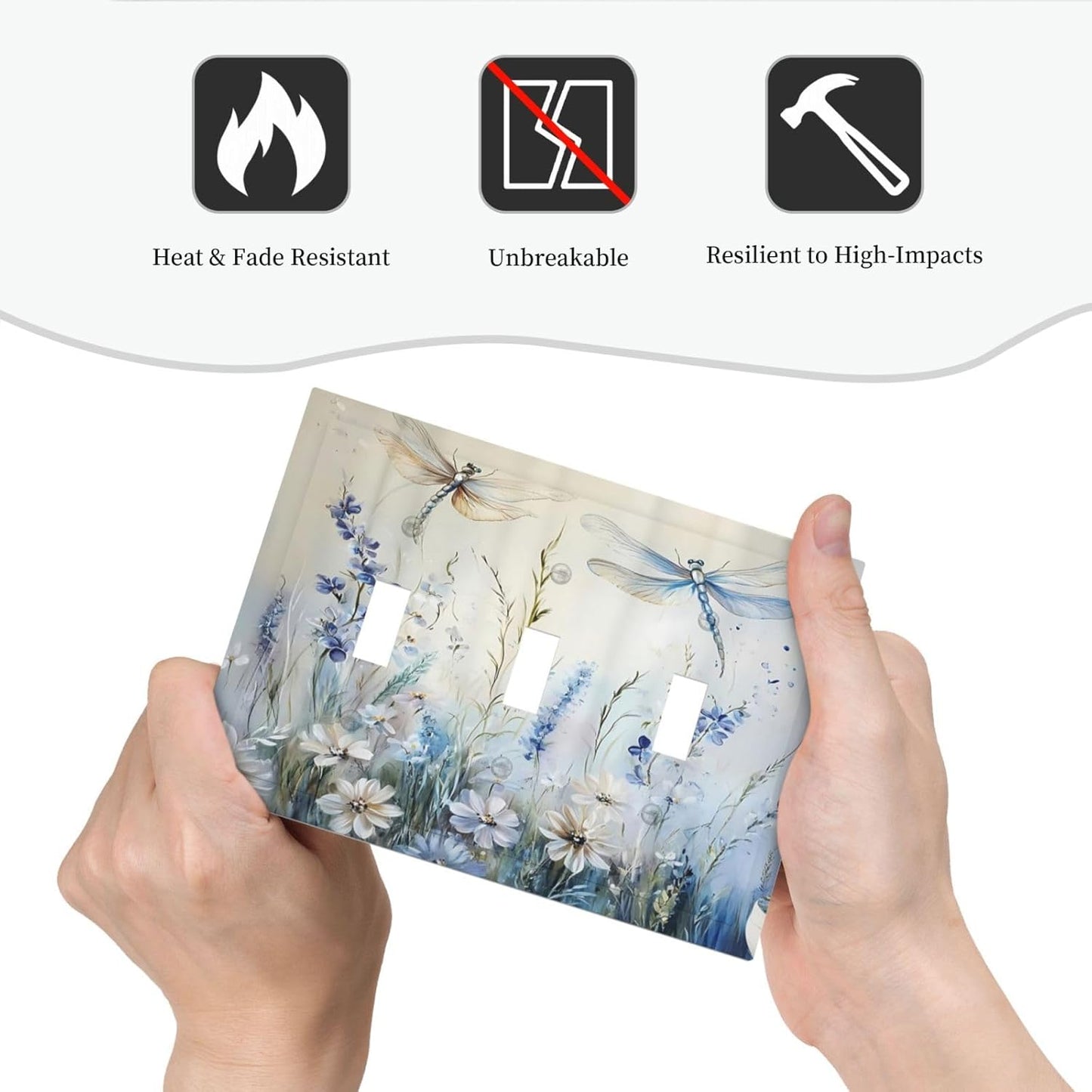Decorative Light Switch Cover Plate Watercolor Dragonfly Blue Wihte Flower 3 Gang Wall Plates for Electrical Outlets Triple Toggle Switch Plate Covers Outlet Covers Faceplate for Home Decor
