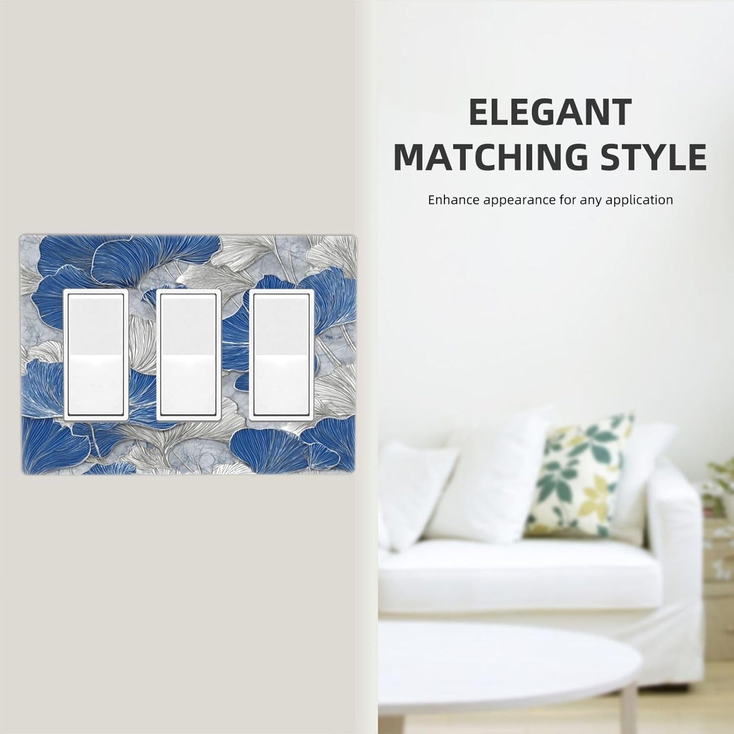 Abstract Blue Marble Plant Leaves 3 Gang Triple Rocker Decorative Light Switch Covers Electrical Faceplate Switch Plates for Bathroom Kitchen Home