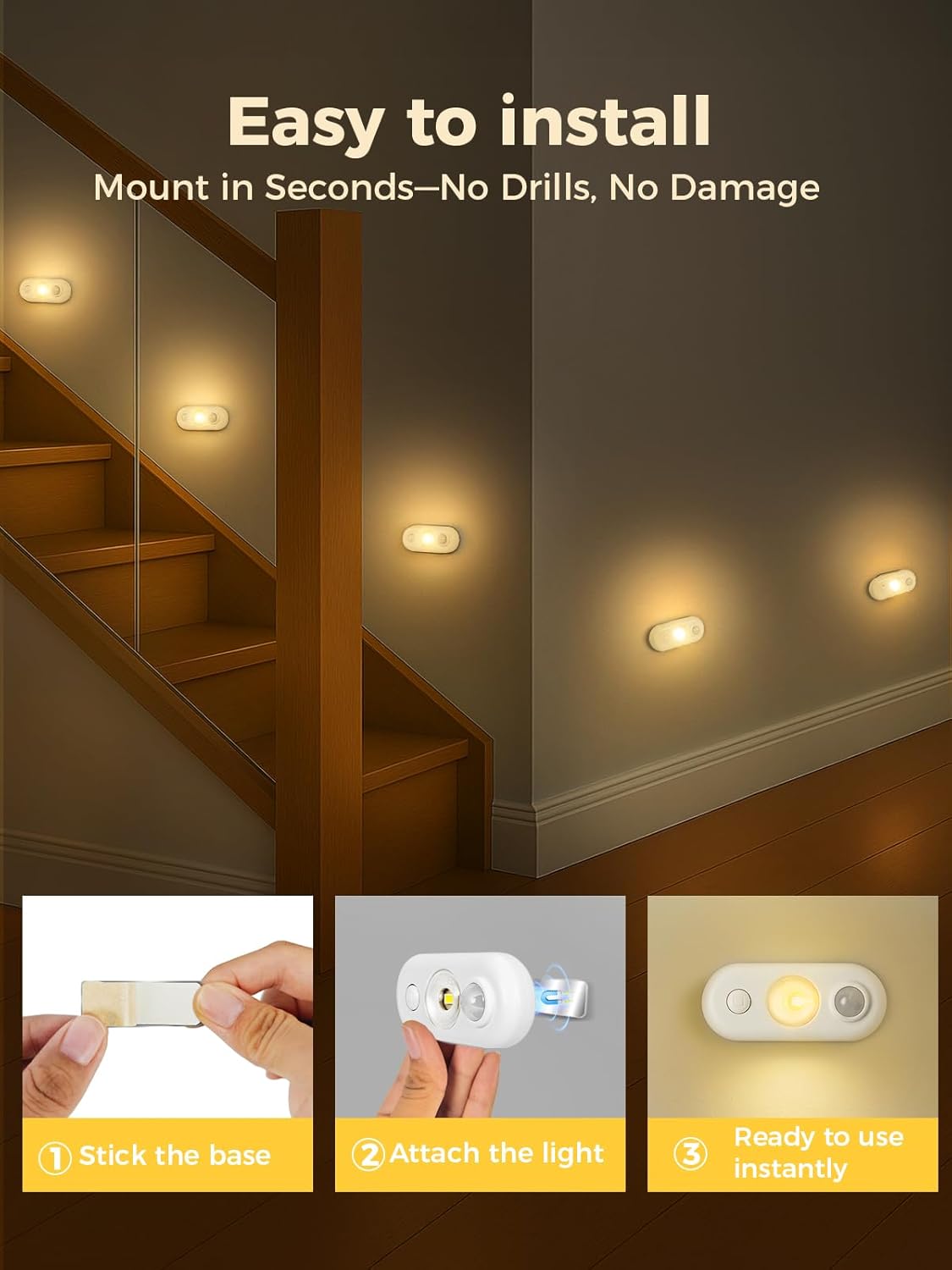 YGS-Tech LED Motion Sensor Light Indoor, Rechargeable Puck Lights, Magnetic Dimmable Under Cabinet Light, Wireless LED Lights for Closet, Kitchen, Stairs, Warm White, 6-Pack (White)
