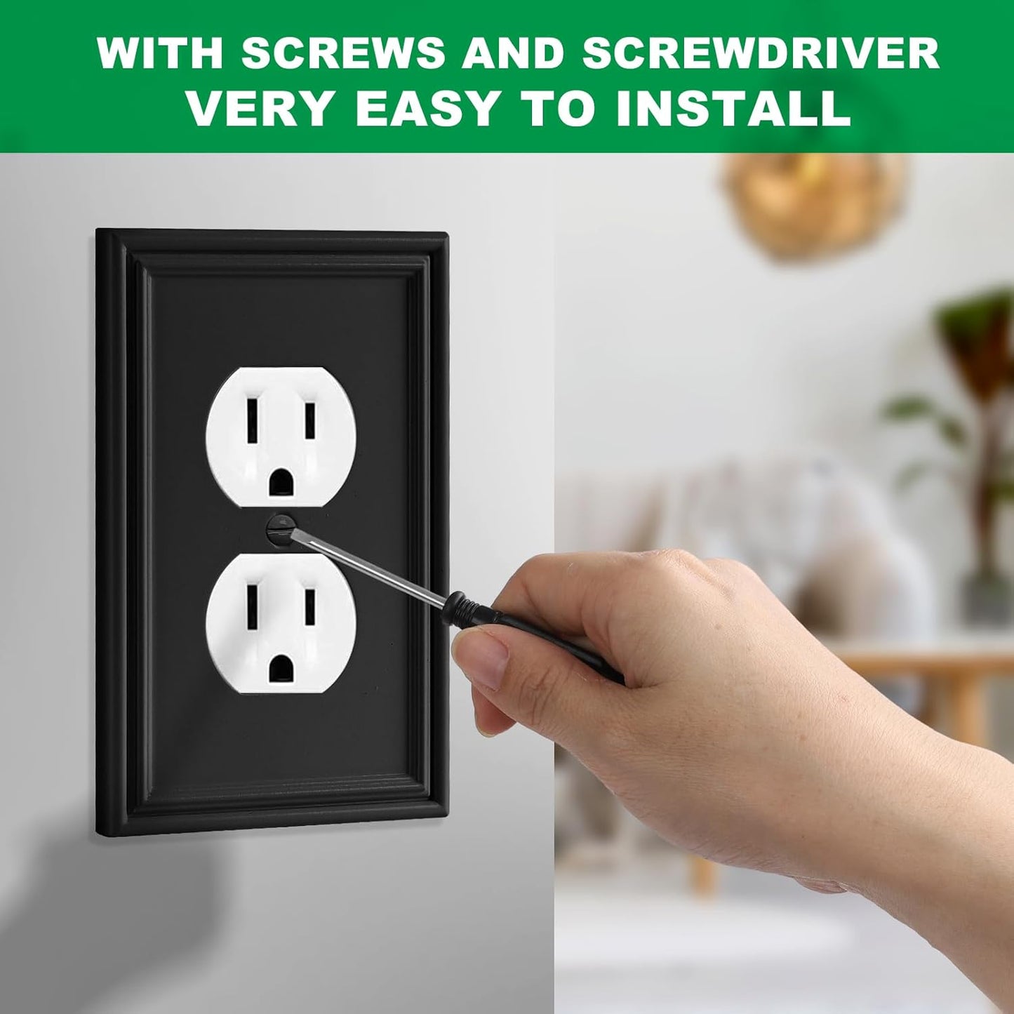 Black Modern Decorative Outlet Covers Wall Plate Electrical Switch Plates and Receptacle Outlet Covers Bamboo Fiber Material Wall Plates for Kitchen Bathroom (1 Gang Duplex Outlet-4 Pack)