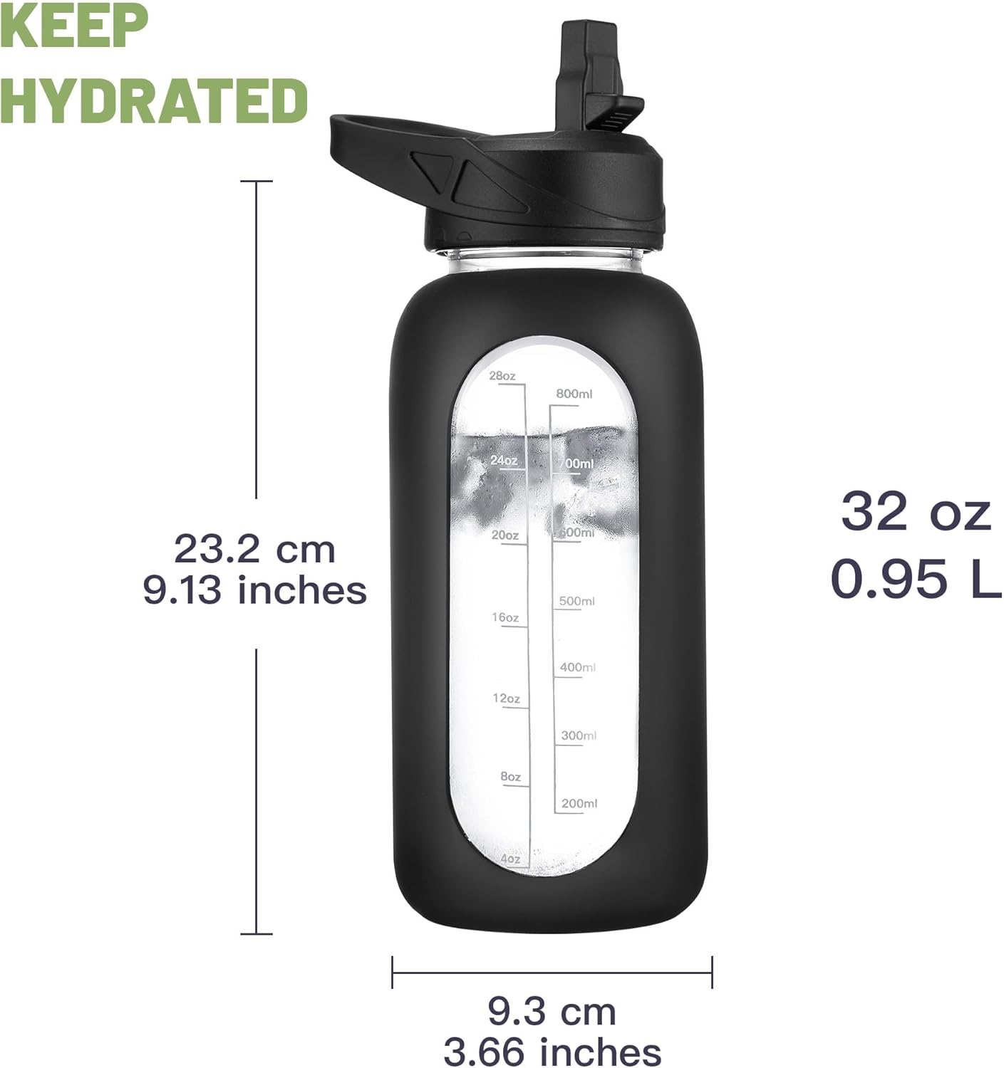 CIVAGO 32 oz Glass Water Bottle with Straw and Insulated Bottle Holder Sling, Motivational Water jug with Time Marker and Silicone Sleeve, Water Flask with 2 Lids for Walking and Gym Navy