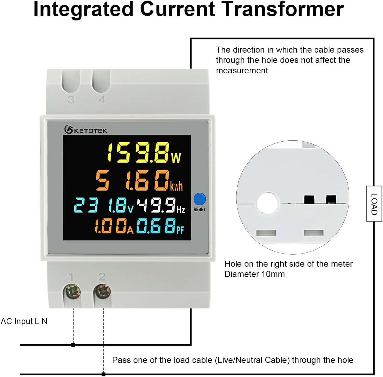 KETOTEK Single Phase Energy Meter Din Rail Electricity Usage Monitor AC 40-300V 100A Voltmeter Ammeter Watt Kwh Frequency Power Meter Built-in CT 110V